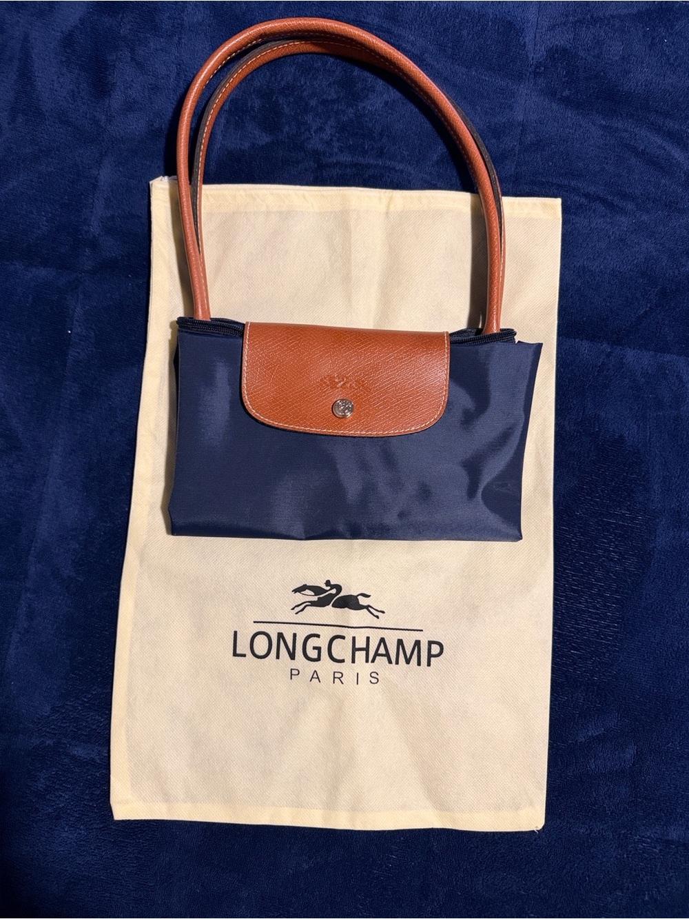 Longchamp Navy Nylon Shoulder Bag with Brown Leather Trim.